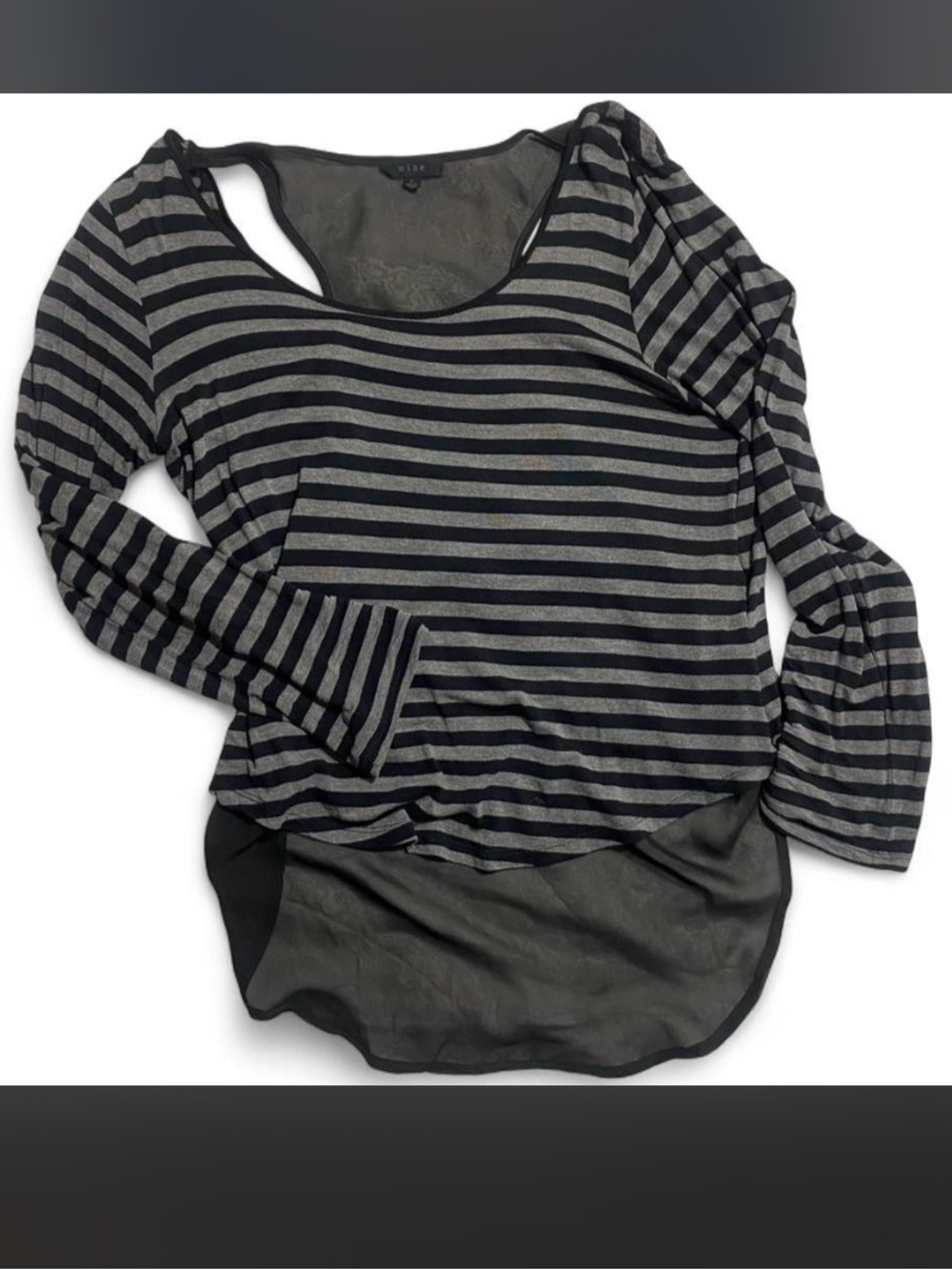 mine Black Gray Striped Long Sleeve Layered Tunic Top Racerback Sheer Hem L